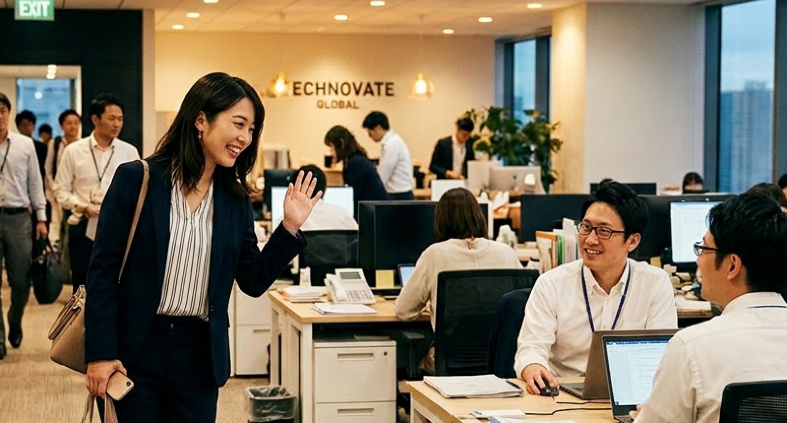 オフィスで挨拶を交わす社員たち