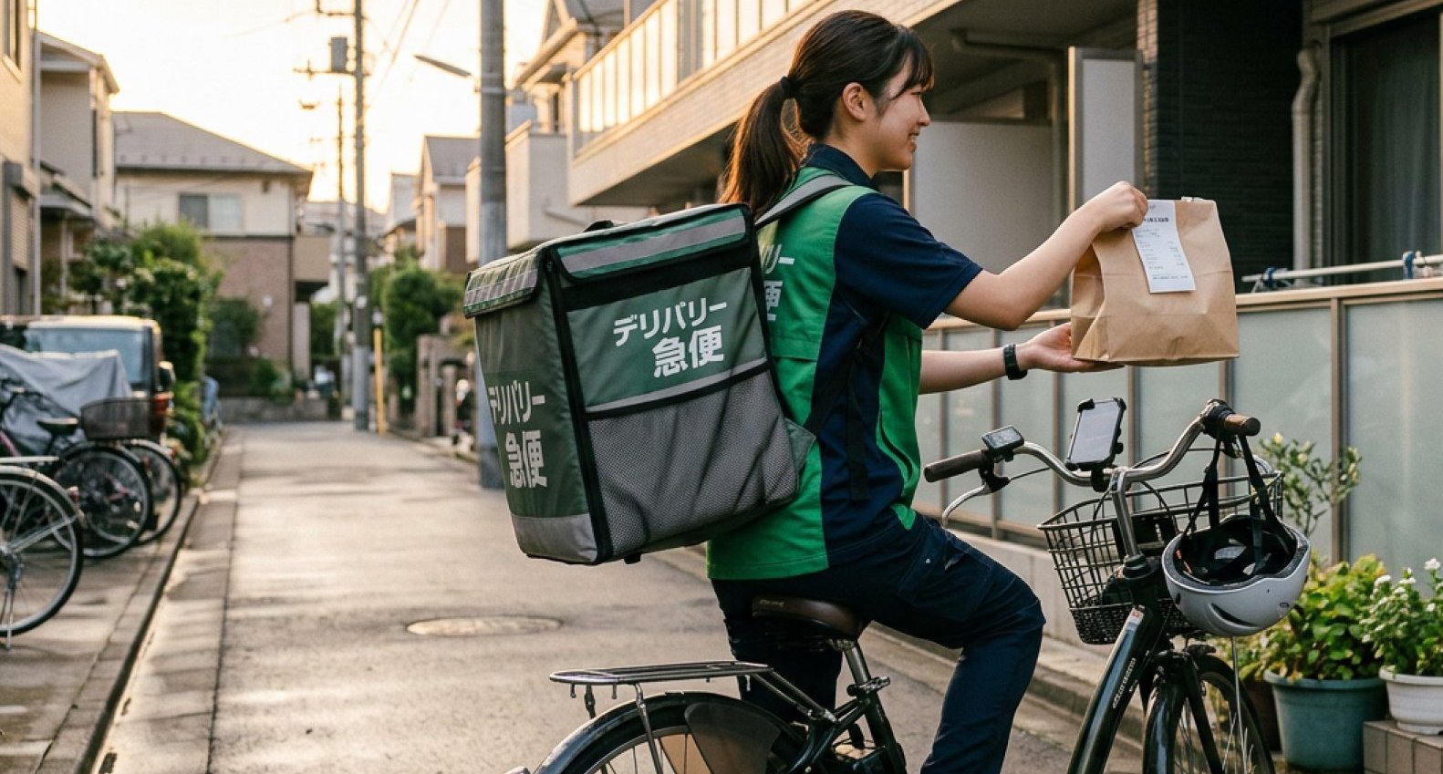 自転車でフードデリバリーをする女性